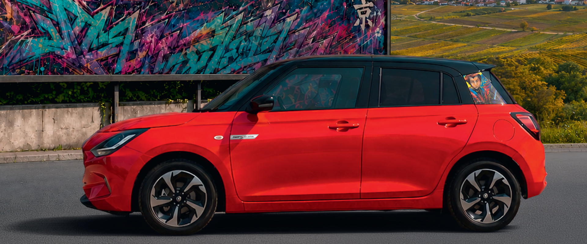 „Roter Suzuki Swift in Seitenansicht vor einer bunten Graffiti-Wand.“